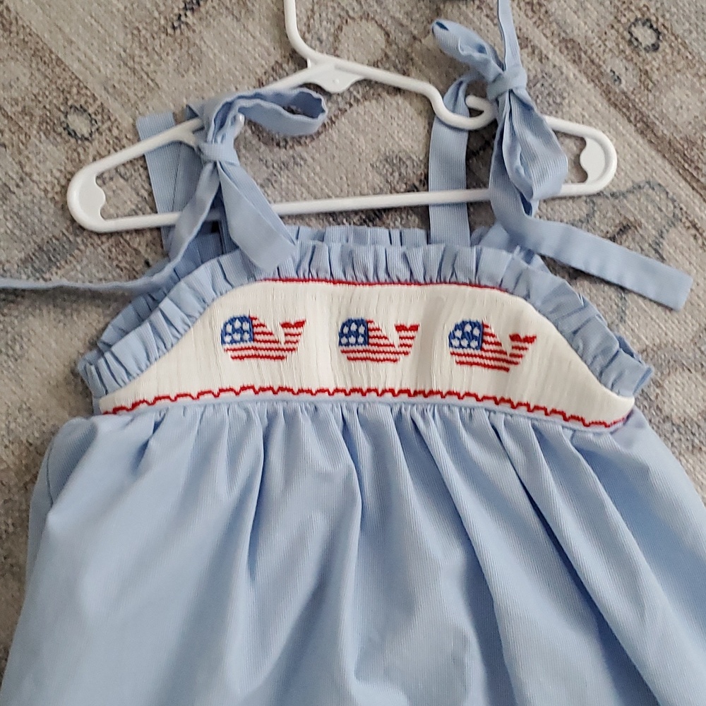 Stitchy Fish Girls Smocked Patriotic American Flag Whales Embroidered Dress Sz3T - Picture 3 of 11